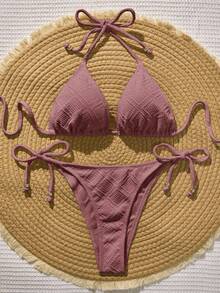 Swim Vcay Conjunto de bikini texturizado de unicolor para vacaciones en la playa - Rosa Pálido - Ver 5