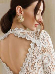 Anewsta 夏季度假轻盈连衣裙，镂空长袖水溶蕾丝性感V领露背修身鱼尾裙摆优雅派对礼服，女士 - 白色 - 查看 2