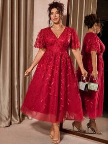 Allurite Plus Size Elegant V-Neck Mesh Sequin Ruffle Hem Party Dress, Red - Red - View 7