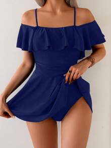 Swim Basics 女士优雅性感黑色荷叶边吊带沙滩裙，适合夏季度假 - 藏蓝色 - 查看 3