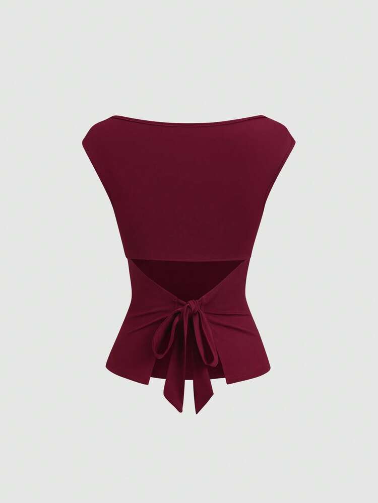 Sweetra Conjunto de camiseta sin mangas de punto con cordón ajustable en la cintura, unicolor, estilo minimalista y versátil para mujer - Multicolor - Añade 4