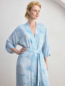 Ocili Leisure Comfortable Minimalist Chain Print Cotton Blend Mid-Sleeve Robe With Tie, Women Sleepwear Robe, Chic Autumn - Blue - View 5