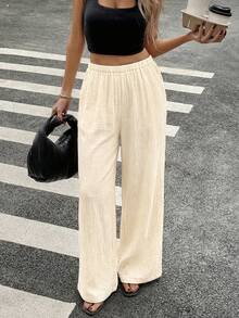 Siren Gaze 女士休闲直筒棉质长裤，春夏百搭 - 杏色 - 查看 4