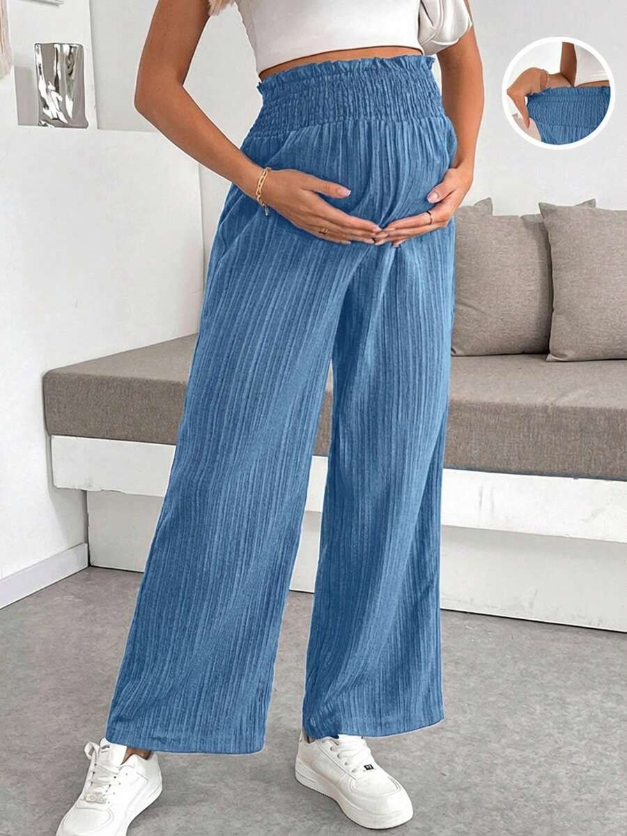 SHEIN 孕妇纯色休闲高腰裤 - 霧霾藍 - 查看 1