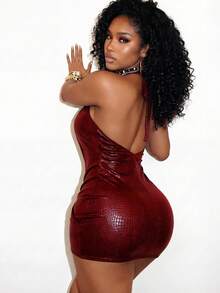 BamGleam 新款夏季性感PU皮革深V领露背吊带紧身迷你连衣裙，女士夜店装、音乐节服装、俱乐部派对连衣裙 - 酒紅色 - 查看 6