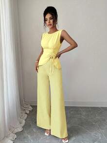 Elenzga 女式雪纺露背不对称抽绳下摆上衣 + 阔腿裤 2 件套 - 黃色 - 查看 4