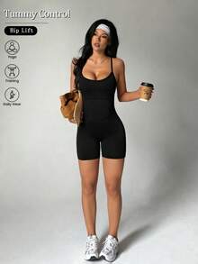 Dewbera Women's Sleeveless Adjustable Strap Jumpsuit, Front 4-Needle 6-Thread Split, U-Back Hollow Design, Fashionable Versatile For Daily Casual, Running, Yoga, Gym, Tennis, Golf - Black - View 3
