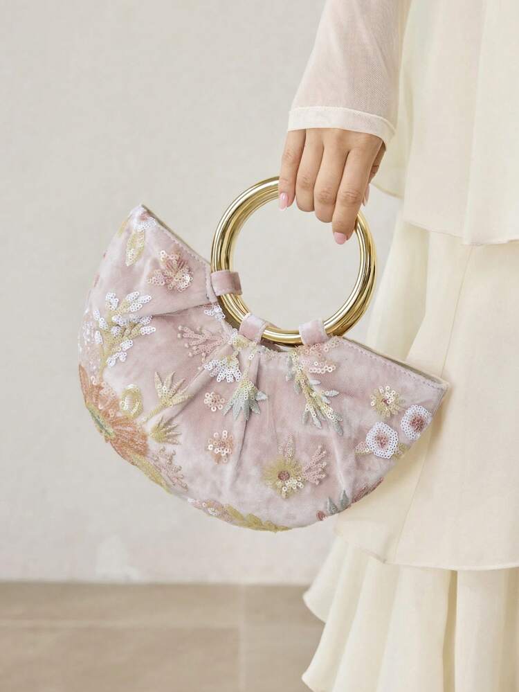 WOMEN'S HANDBAG, EXQUISITE EMBROIDERED BEADED SEMI-ROUND TOTE BAG