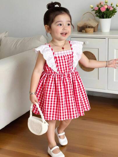 Souflis Souflis שמלה ארוגה ללא שרוולים עם גימור תחרה א-סימטרית ללא גב לילדה צעירה, לבוש חיצוני חדש וחמוד לקיץ לבית הספר ולחופשה, צבעוני