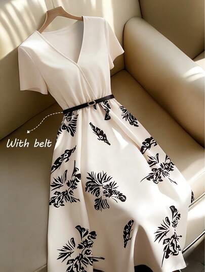 Franclia 法式时尚优雅V领短袖碎花拼接连衣裙，女士夏季连衣裙，新品上市