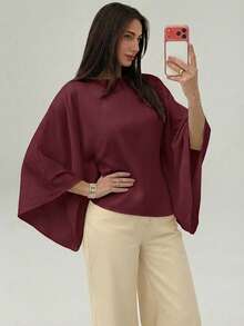 Aloruh Boat Neck Voluminous Sleeve Cinched Waist Commuter Shirt - Burgundy - View 5