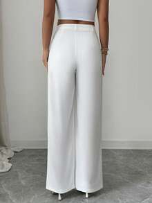 SHEIN Elenzya Women's Elegant Positioned Floral Print White Asymmetrical Asymmetric Hem Pants, Suitable For Dates, Everyday Wear, Work, Casual, Vacation, White Wide Leg Pants Women, White Pants - White - View 2