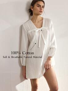 Ocili Đầm dài tay cổ chữ V xoắn màu trơn dành cho nữ, thích hợp mặc ở nhà. - trắng - Xem 1