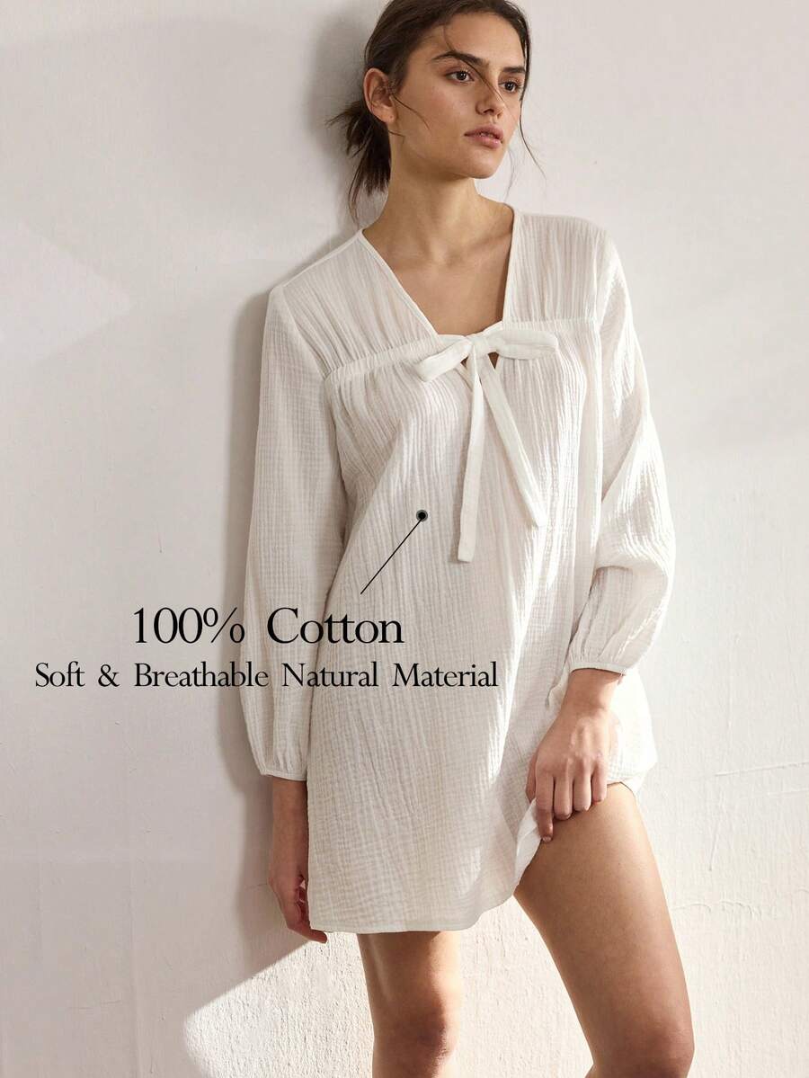 Ocili Đầm dài tay cổ chữ V xoắn màu trơn dành cho nữ, thích hợp mặc ở nhà. - trắng - Xem 1