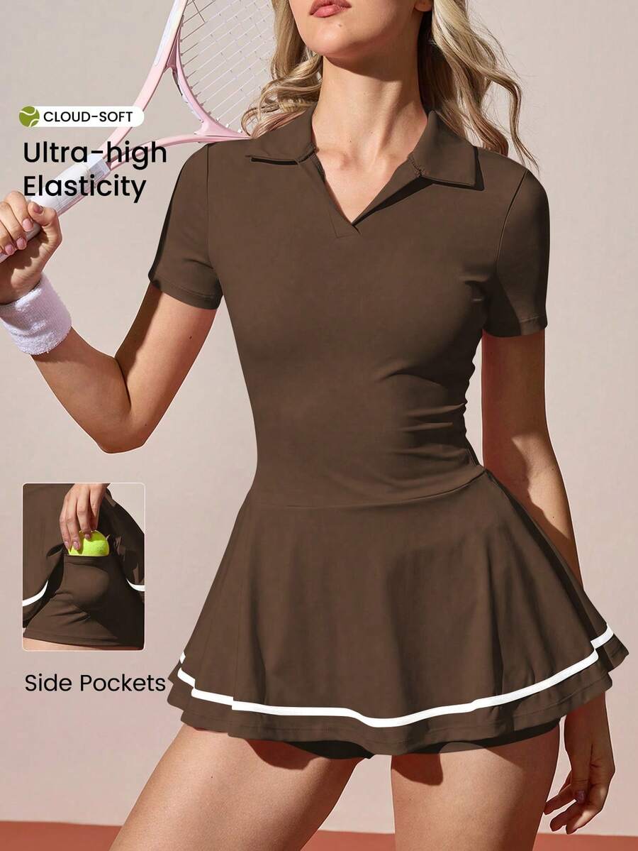 CourtClass 女士休闲撞色Polo领短袖运动连衣裙，夏季棕色网球裙，女士棕色连衣裙，女士网球服，女士网球服，带口袋的网球裙，女士服装，女士高尔夫球裙，常规尺码女装，女士网球裙，棕色运动裙，女士运动裙，女士棕色网球裙，女士高尔夫球裙，女士棕色运动裙