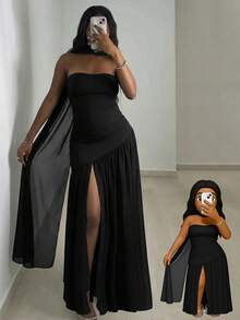 INAWLY Women's Elegant Solid Color Split Hem Dress, Summer - Black - View 4