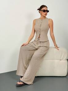 SHEIN Tall 2 piezas Conjunto de top de manga larga con botones delanteros a rayas y pantalones de pierna ancha casuales para mujer, otoño - Multicolor - Ver 8