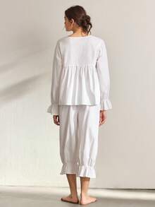 Ocili 女士纯色系带领长袖上衣和裤子休闲家居服套装 - 白色 - 查看 3