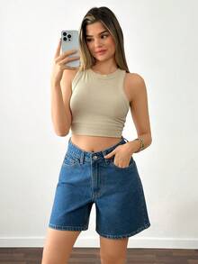 SHEIN Back Bow Detail Woman High Rise Casual Denim Short - Medium Wash - View 4