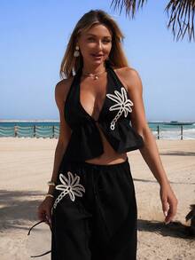 Swim Vcay Spring/Summer Coconut Tree Print Beachwear Set, Black Halter Top Paired With Wide Leg Pants, Casual Vacation Coverup - Black - View 5