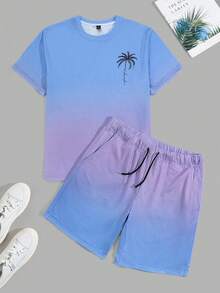 Genlund Men's Palm Tree Print Short Sleeve T-Shirt And Drawstring Waist Shorts Casual Suit, Holiday Holiday - Multicolor - View 3