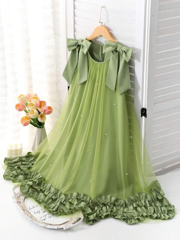 Elegant Fashion Ruffled Pearl Decor Mesh Girls Dress