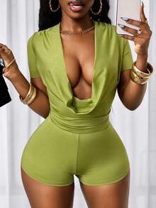 BamGleam Women's Neon Green Plunging Neck Short Sleeve Sexy Romper Bodysuits For Women Romper , Summer Clothes  , Summer Outfits For Women , Summer Outfits ,  Summer Outfit For Women ,Vacation Outfits Women Women Vacation Outfit Sets Yacht Outfit Women Matcha Holiday Outfits For Women Boat Cruise Outfit Women - Green - View 7