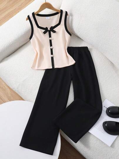 2件套女童休闲杏色纽扣蝴蝶结装饰无袖上衣+裤子套装，轻薄透气，夏季日常穿着