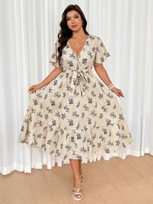 Easura Plus Size Floral Print Ruffle Hem Dress - Apricot - View 5