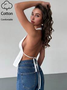 Aloruh Women's Casual Vacation Eyelet Embroidery Blouse, Beach, Vacation Top, Summer Top/Sexy Backless Strap Tank Top - White - View 2