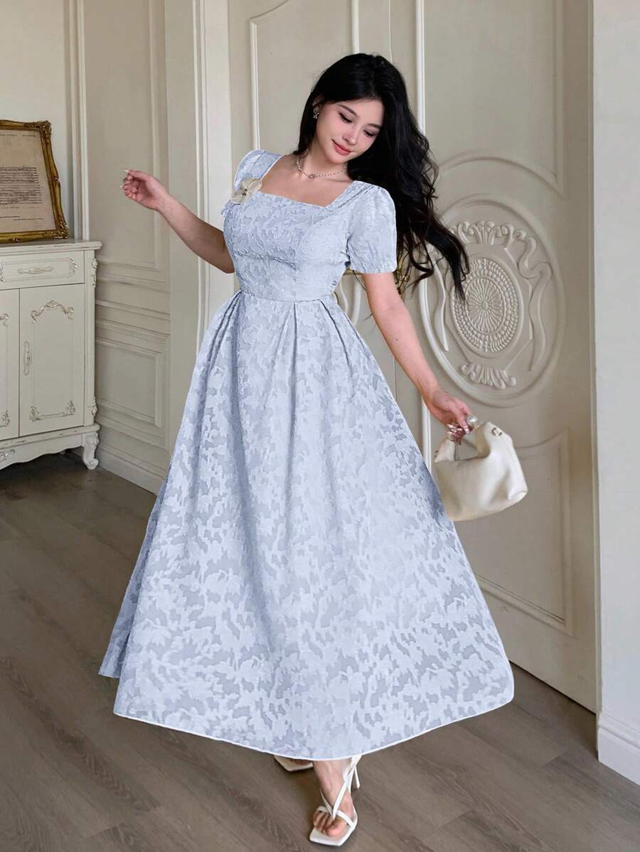 Modelyn Cut-Out Waist Flared Dress With 3D Floral Decor For Women - Baby Blue - View 1