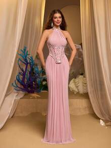 Glamrae Đầm dạ hội màu hồng sen bóng mượt, chất liệu lưới co giãn cao cấp, cổ yếm trước, eo thon gọn, đính đá 3D lấp lánh, chân váy đuôi cá sang trọng, thích hợp cho hẹn hò, du lịch, tiệc độc thân, sự kiện tựu trường, đám cưới, hoặc làm đầm dạ hội cho nữ. - Bụi hồng - Xem 7