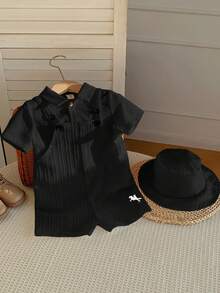 SHEIN Bộ áo liền quần màu trắng đa năng cho bé sơ sinh trai/gái, gồm quần yếm và mũ chống nắng, thích hợp mặc ở nhà hoặc ngoài trời vào mùa xuân/hè. - màu đen - Xem 6