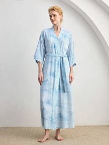 Ocili Leisure Comfortable Minimalist Chain Print Cotton Blend Mid-Sleeve Robe With Tie, Women Sleepwear Robe, Chic Autumn - Blue - View 2