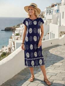 EMERY ROSE 女士圆领全印花夏季短袖连衣裙 - 藏蓝色 - 查看 5