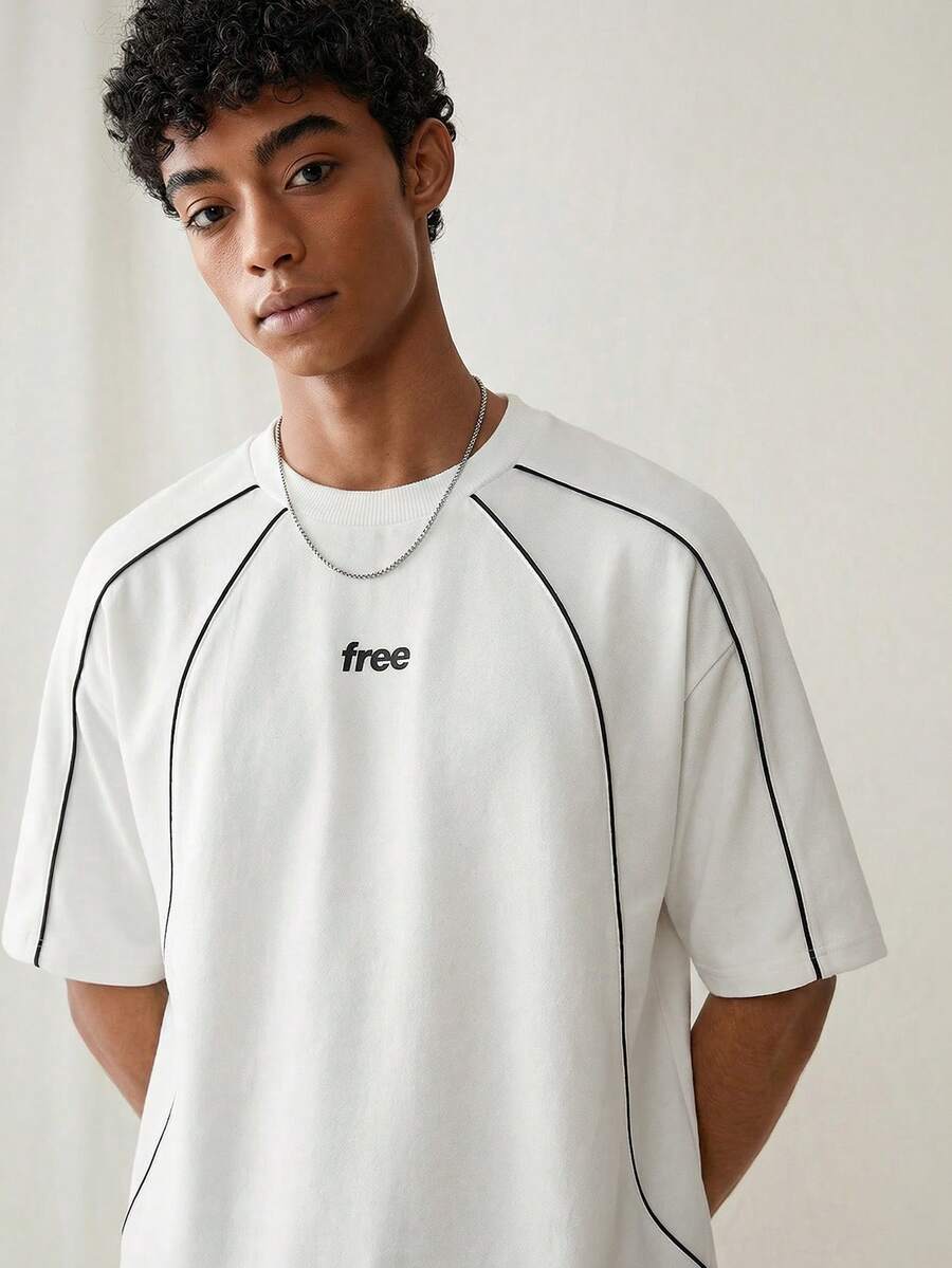 Manfinity Unisex 男士休闲撞色滚边字母印花短袖T恤，夏季