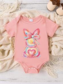 Baby Girl Casual Cute Faux Knit Rabbit Bow Print Bodysuit, Pink Round Neck Suitable For Spring/Summer - Pink - View 3