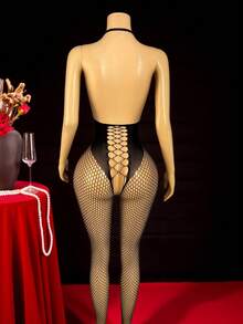 Women's Sexy Hollow Out Halter Neck Tight Fishnet Sheer Bodysuit - Black - View 3