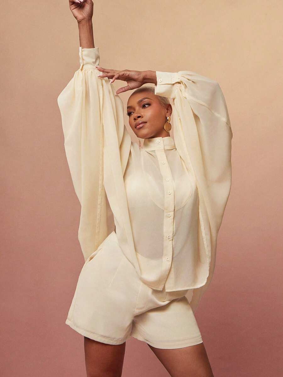 Vixey 带衬里的纯色雪纺高腰短裤 - 淡黃色 - 查看 1