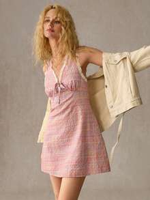 WESTFADE V Neck Tie Front Plaid And Floral Lace A Line Sleeveless Mini Dress Spring, Summer, Resort Wear, Casual, Coastal, Cowgirl, Boho, Vacation, Beach, Festival, Western Wear, Nashville, Rodeo Outfit, Country Concert, Stagecoach, Coachella - Pink - View 1