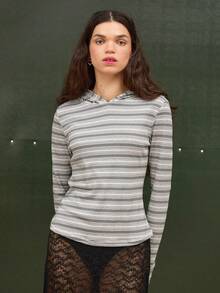 COUREZ 长袖条纹连帽衫 / Y2K 春季女装 可爱性感上衣 外出派对狂欢装扮 夏季上衣 夏季套装 修身条纹上衣 针织衫 夏季条纹上衣 - 灰色 - 查看 5