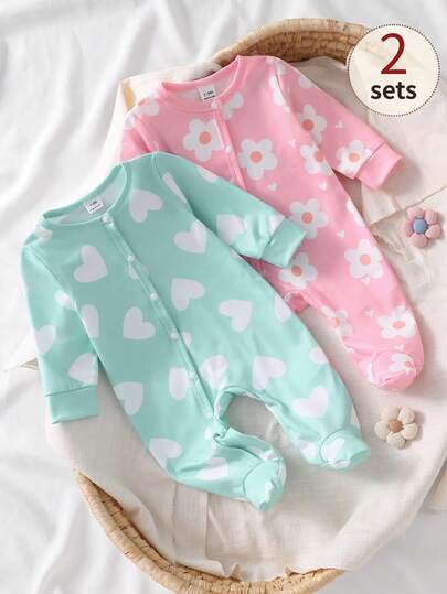 2pcs Newborn Soft & Comfortable Ditsy Floral Footed Pajamas, Long Sleeve Clothing For Short Outings And Strolls,Spring Summer Four Seasons Long Sleeve Newborn Baby Homewear With Allover Heart And Floral Print