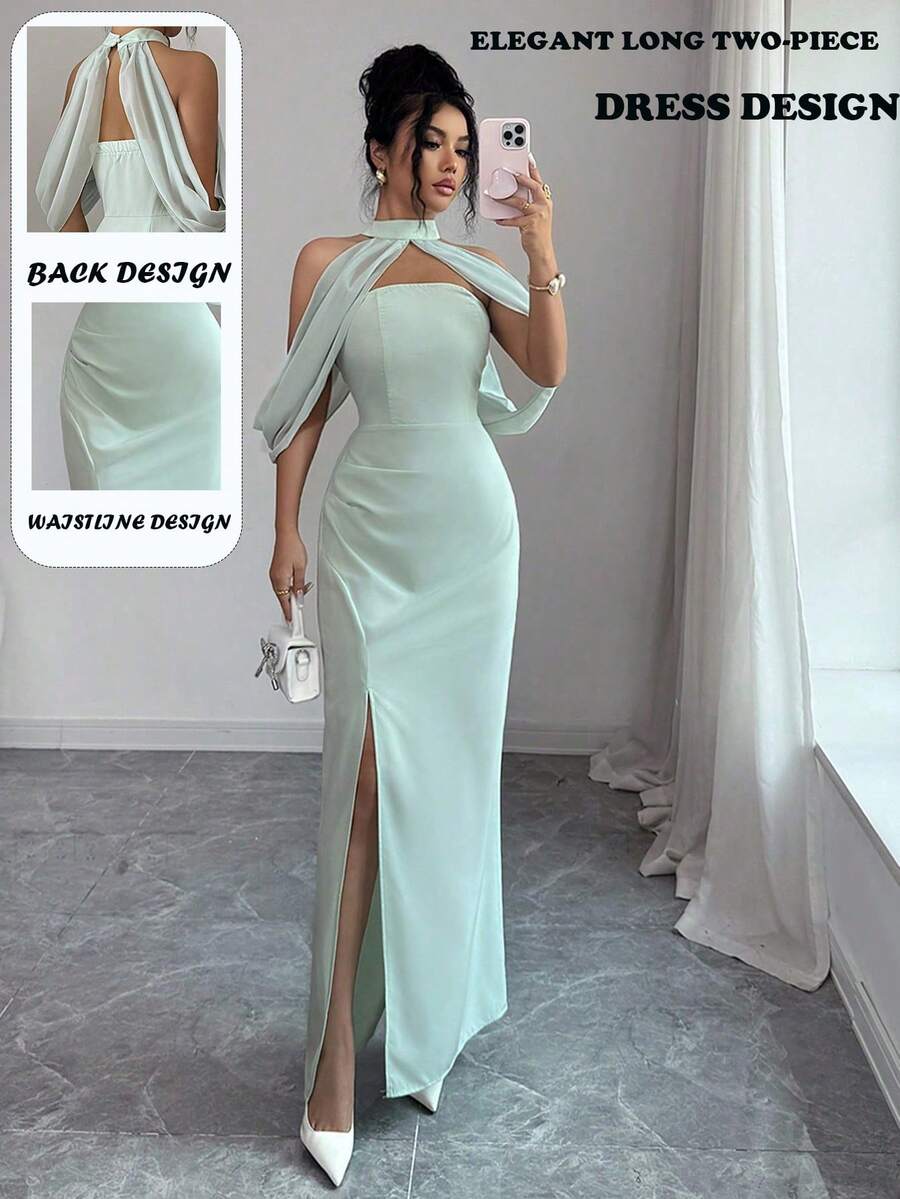 Selianne 优雅女士浅绿色雪纺拼接圆领无袖露背开衩长裙，休闲度假连衣裙，适合日常外出、约会、派对、宴会等场合，也可作为奢华新娘伴娘礼服。 - 綠色 - 查看 1