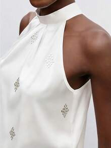 Maija Tie-Up Satin Halter Neck Cold-Shoulder Blouse Top White Sleeveless Top White Satin Top White Elegant Top White Summer Top White Top For Women, Spring/Summer Outdoor Life, Summer Top, Summer Holidays, Spring , Party Top, Beach For Women, Going Out Top, Elegant,, Wedding Anniversary,  , Summer Tops , Summer Outfit For Women , Rhinestone Neckband Design - White - View 3