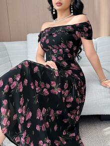 Feyla Plus Size Elegant Floral Print Off Shoulder Dress, Summer Wedding Guest Black And White - Black - View 4