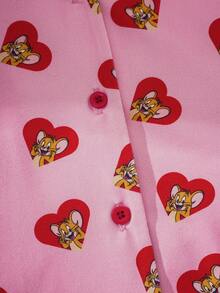 TOM & JERRY X SHEIN Young Girl Heart & Cartoon Print Button Front Short Sleeve Top And Shorts Pajama Set - Pink - View 4