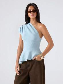 LYSMO 2026 New Minimalist Spring Women's Solid Color Asymmetric Neckline Ruched Elegant Knit Top, Blue - Baby Blue - View 4