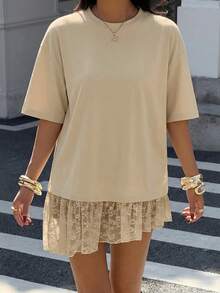 Muchica Women's Fashion Light Beige Summer Elegant Brunch Apricot Color-Blocking Lace Loose Short Sleeve T-Shirt,Y2K Fashion Lace Trim Blouse,Summer Top - Apricot - View 6