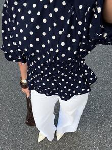 Siren Gaze Women's New Polka Dot Petal Sleeve Blouse - Navy Blue - View 7