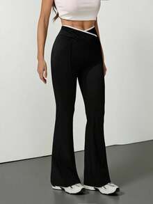 SHEIN Tall 2025秋冬新款休闲简约百搭黑色撞色交叉腰边喇叭裤，适合返校、返校节、万圣节、锐舞派对、外出、健身、慢跑、早午餐等场合，也可作为派对喇叭裤、黑色喇叭裤、黑色紧身裤、喇叭运动裤穿着，秋季女装，冬季女装 - 黑色 - 查看 8